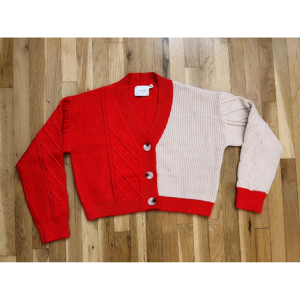 Lush Colorblock Red and Cream Cropped Button Cardigan - Picture 2 of 15